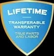 A logo badge for a Lifetime Transferable Warranty.